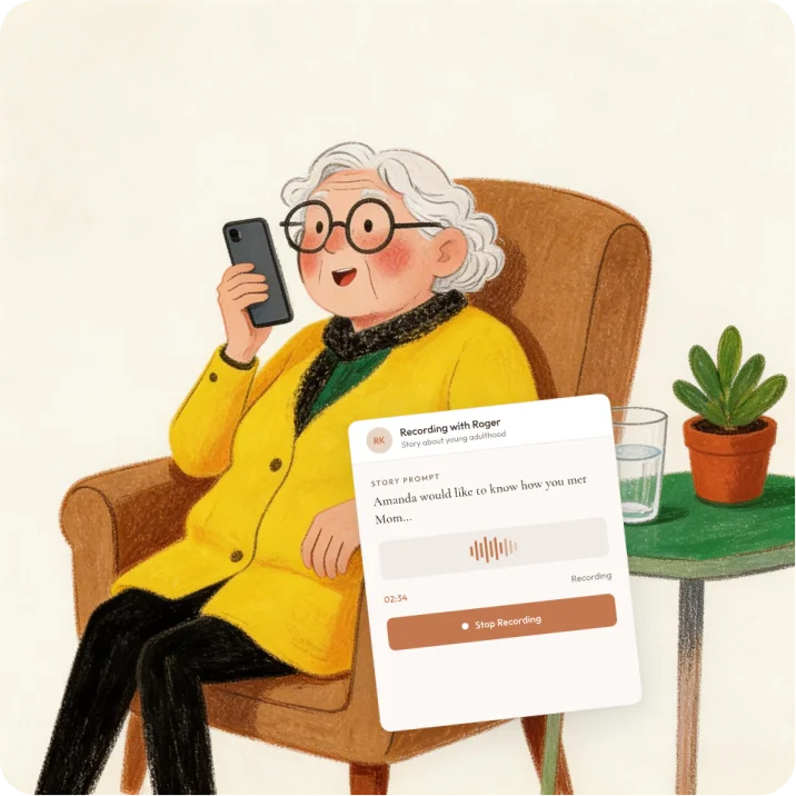 Grandparent sharing a memory on the phone